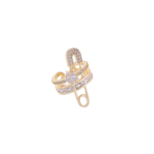 Gold plated ear cuff in a unique paper clip design, embellished with sparkling cubic zirconia, isolated on a white background