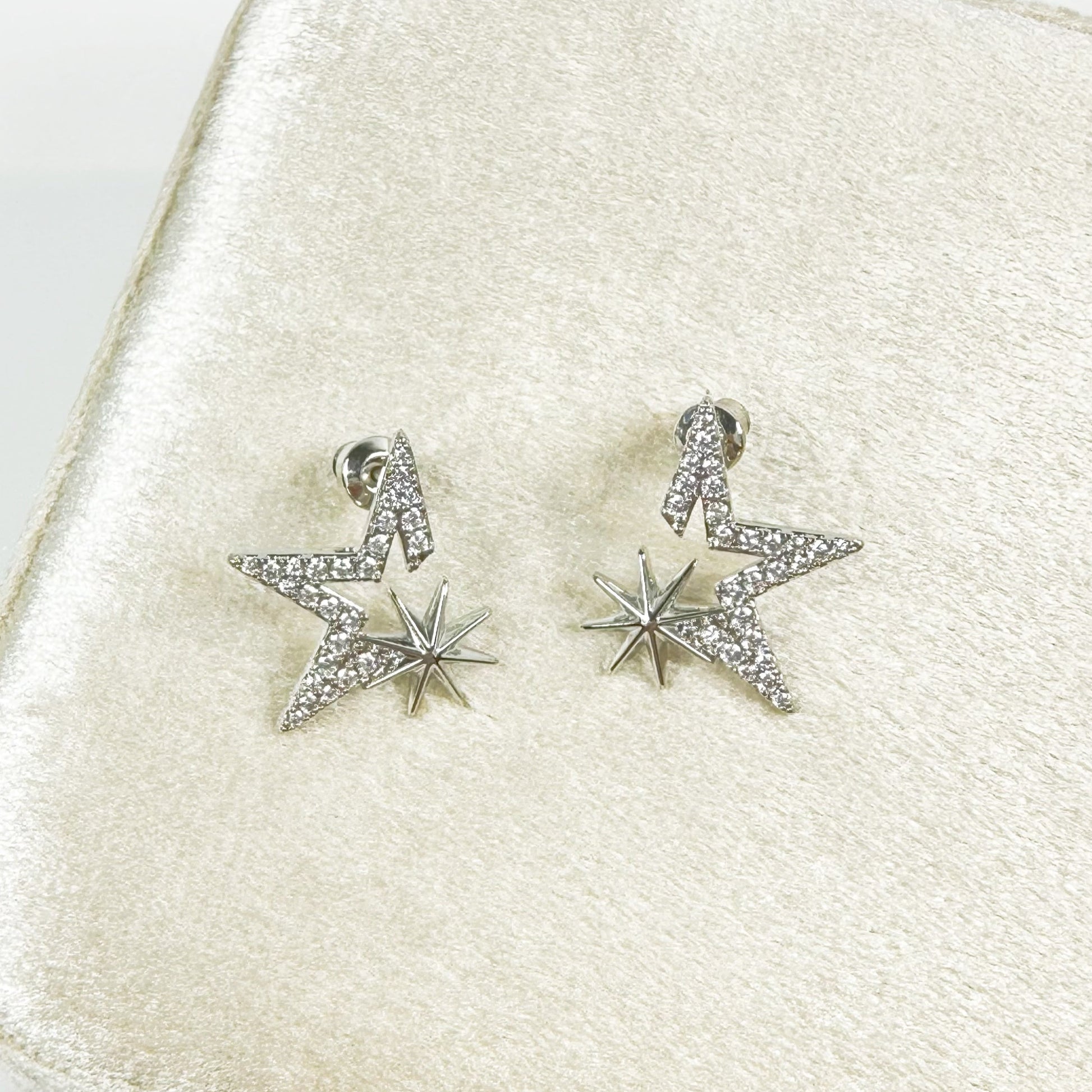 Kiss the Stars Earrings, which are elegantly crafted from white gold plated over brass, featuring a star-shaped design with sparkling accents.