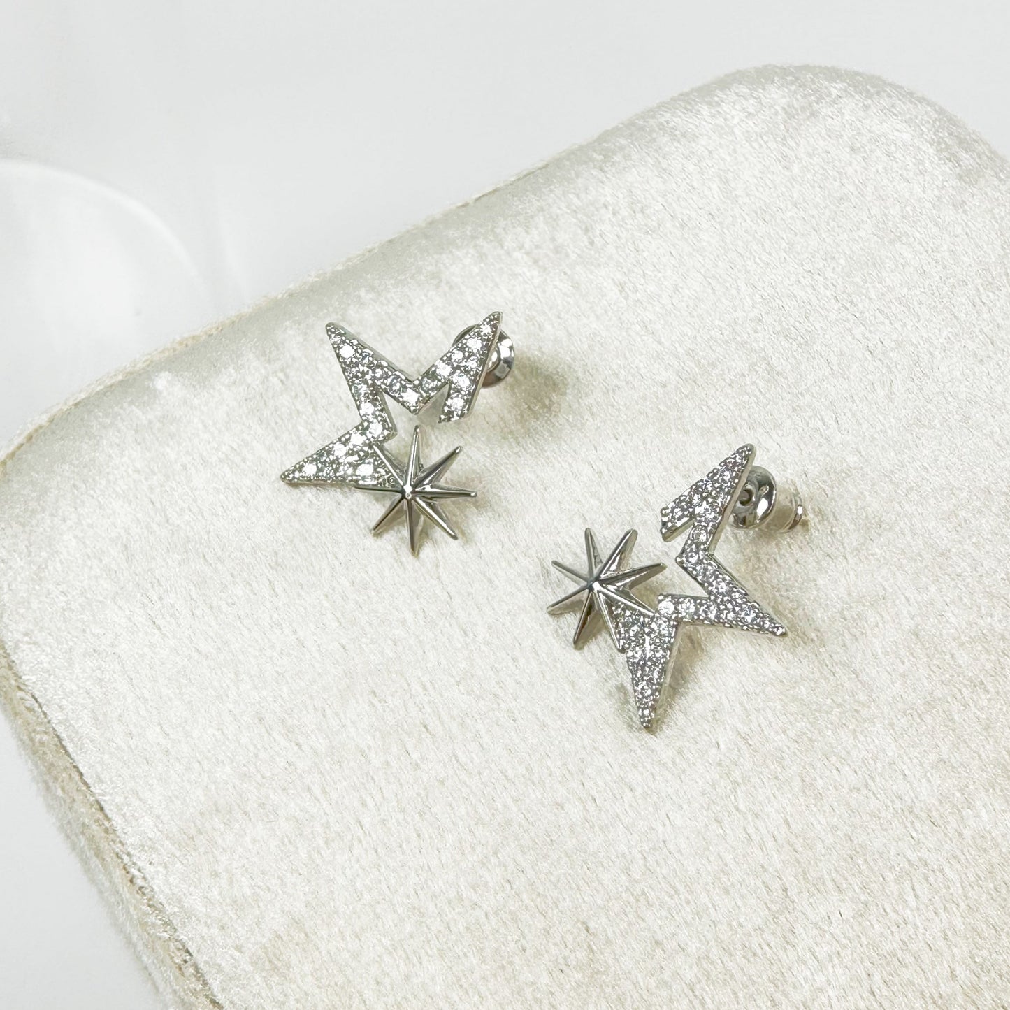 Kiss the Stars Earrings, which are elegantly crafted from white gold plated over brass, featuring a star-shaped design with sparkling accents.