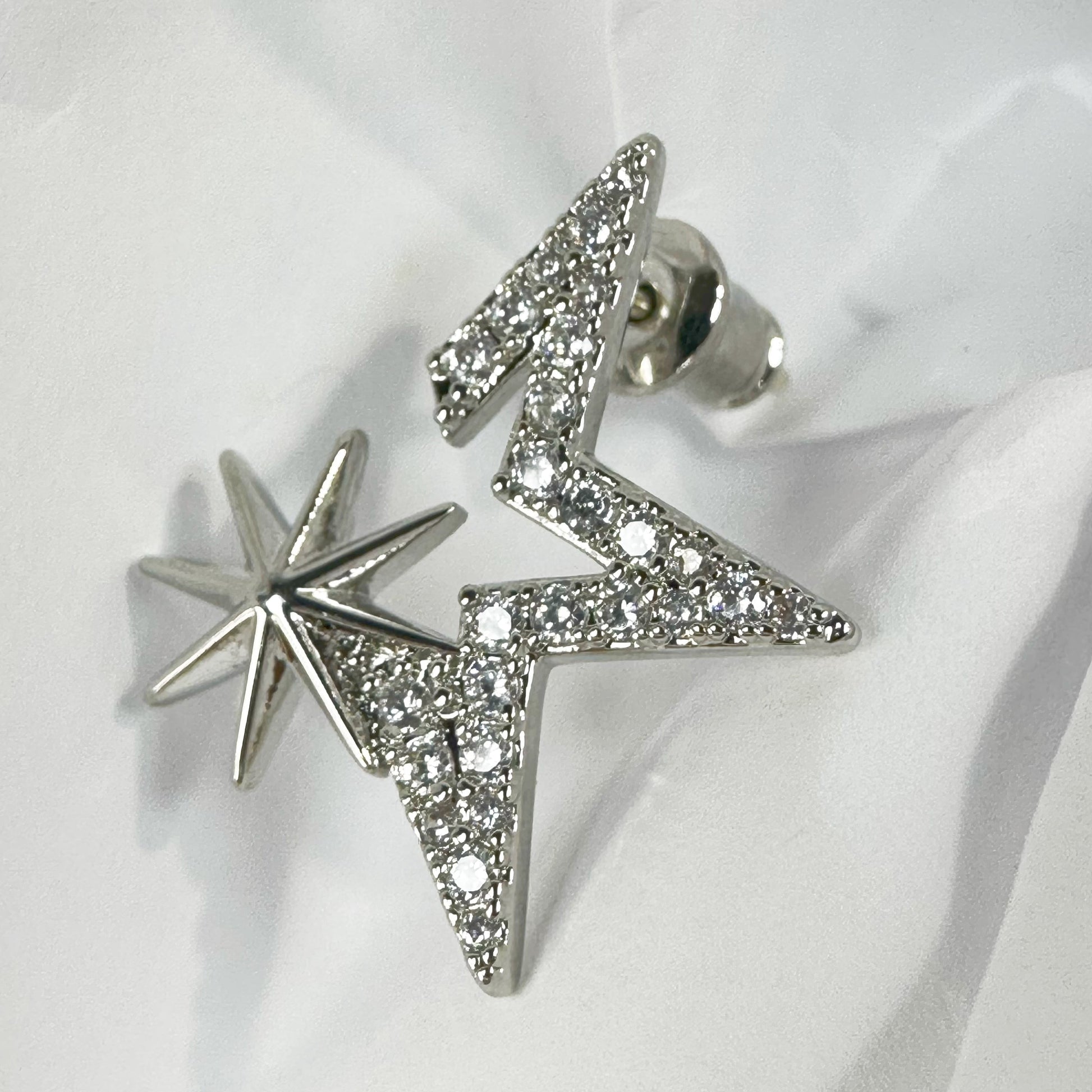 Kiss the Stars Earrings, which are elegantly crafted from white gold plated over brass, featuring a star-shaped design with sparkling accents.