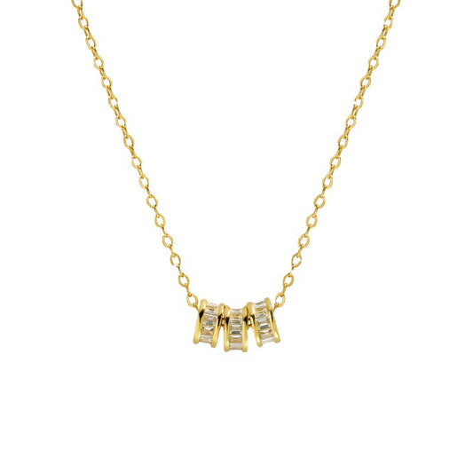 Elegant Lucky Trio Necklace in gold vermeil, featuring three cubic zirconia encrusted charms on a delicate chain, showcasing a sparkling, sophisticated design