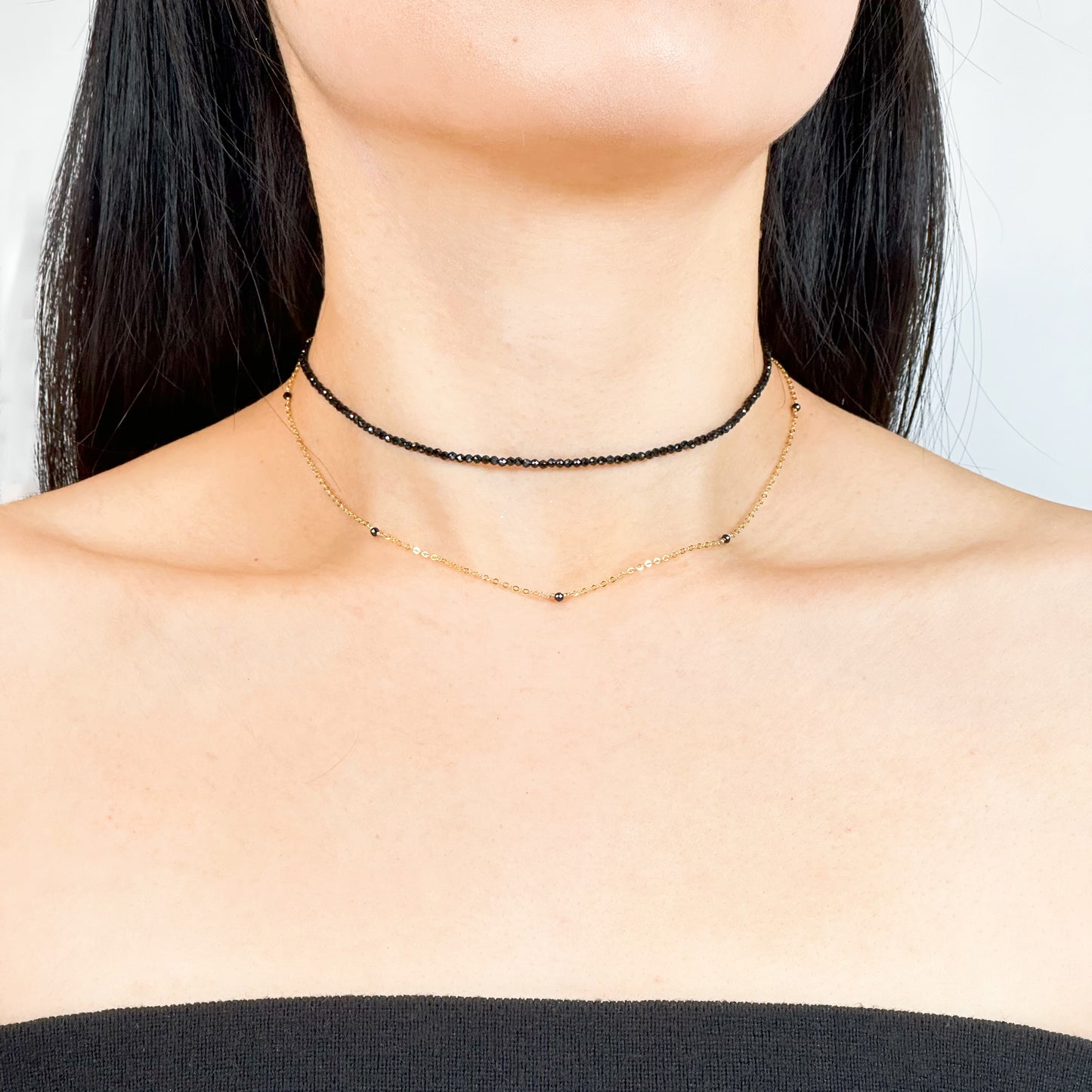 Double layered gold filled choker with black spinel beads.