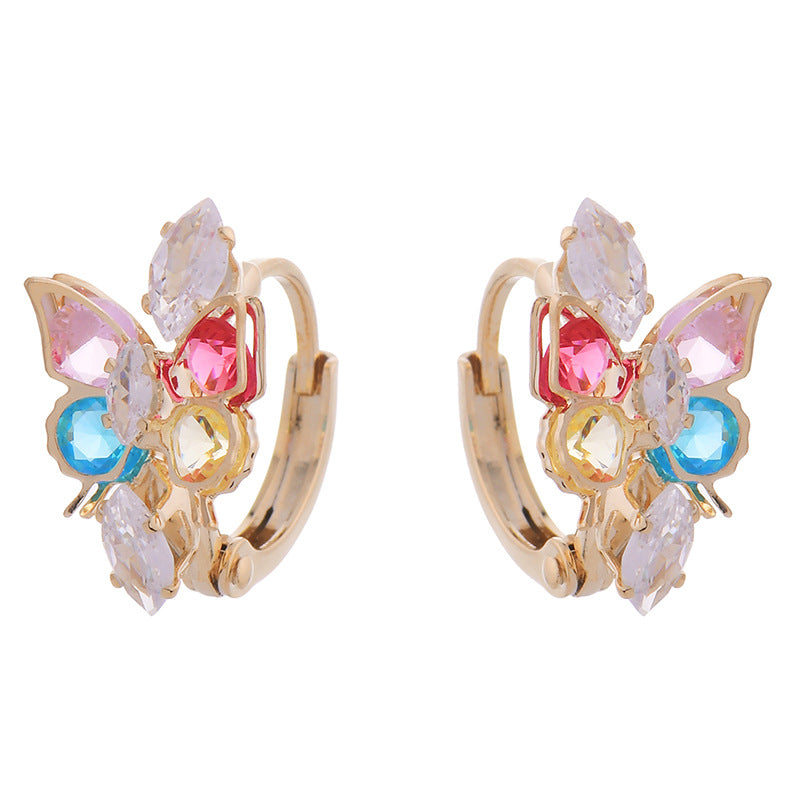 Elegant Dancing Butterfly Earrings with multi-colored zircon stones and 18k gold plating, offering a vibrant touch to both casual and formal attire.