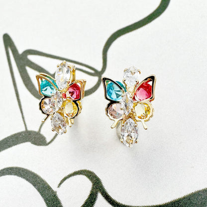 Elegant Dancing Butterfly Earrings with multi-colored zircon stones and 18k gold plating, offering a vibrant touch to both casual and formal attire.