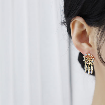 Elegant Dream Catcher Earrings with 14k gold plating over brass and delicate dangling elements