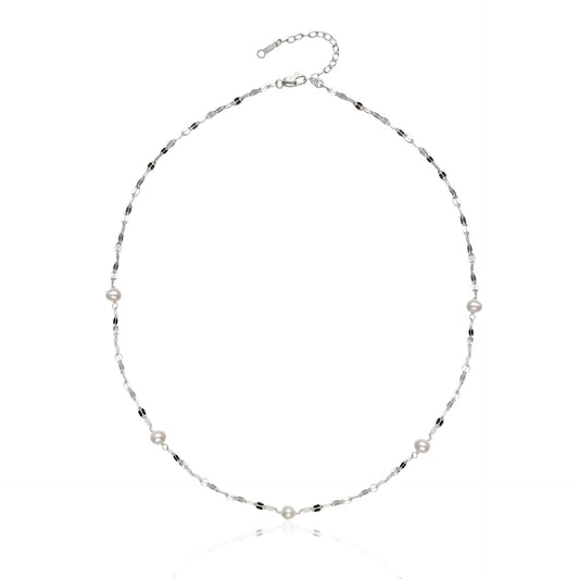 Exquisite Glacier Necklace with Akoya Baroque pearls interlinked with shimmering S925 sterling silver chain for an elegant adornment