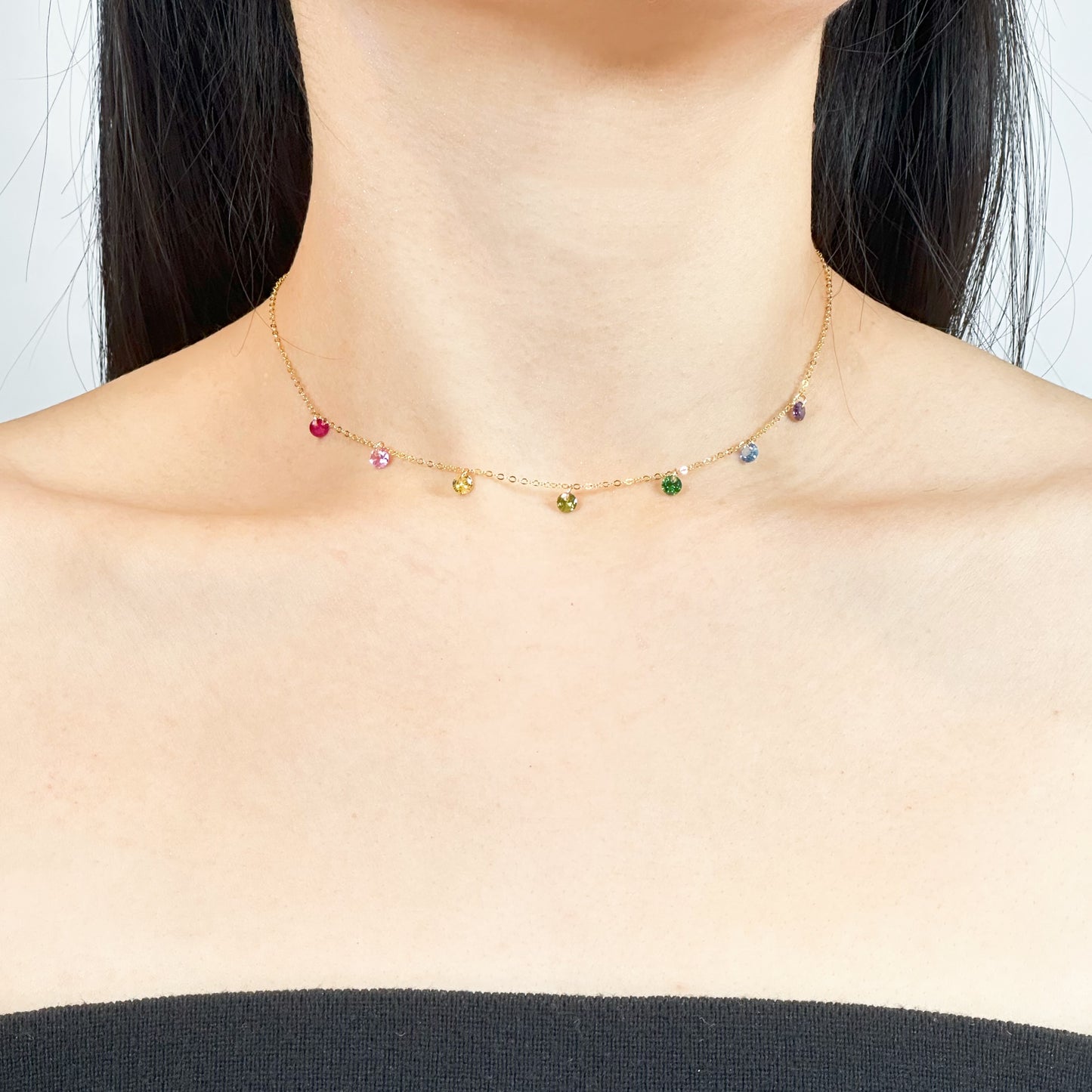 Elegant Gold Filled chain necklace with colorful zircon gemstone accents