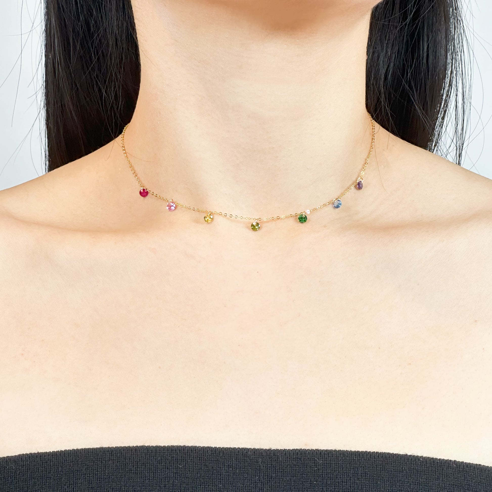 Elegant Gold Filled chain necklace with colorful zircon gemstone accents