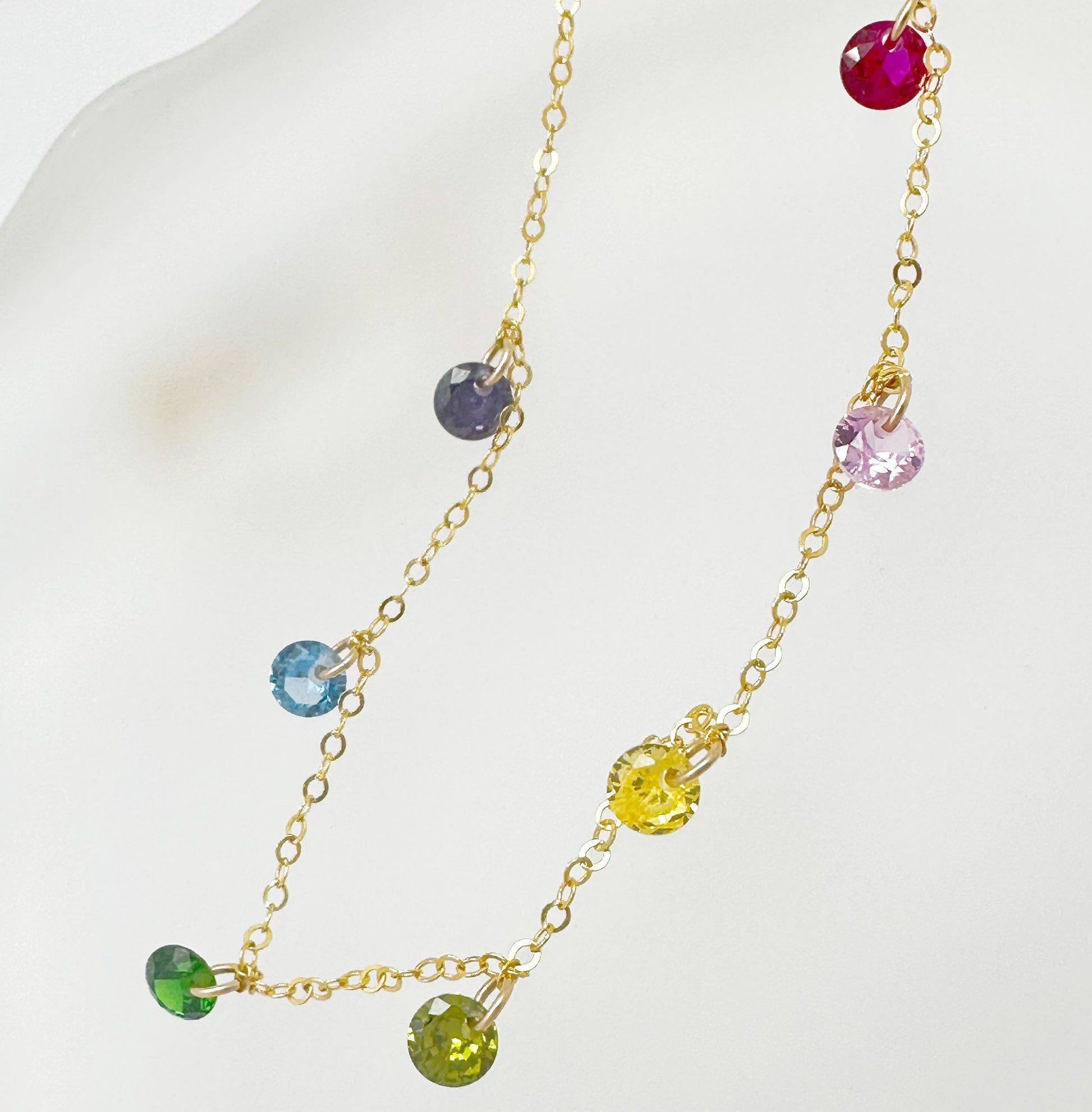 Elegant Gold Filled chain necklace with colorful zircon gemstone accents